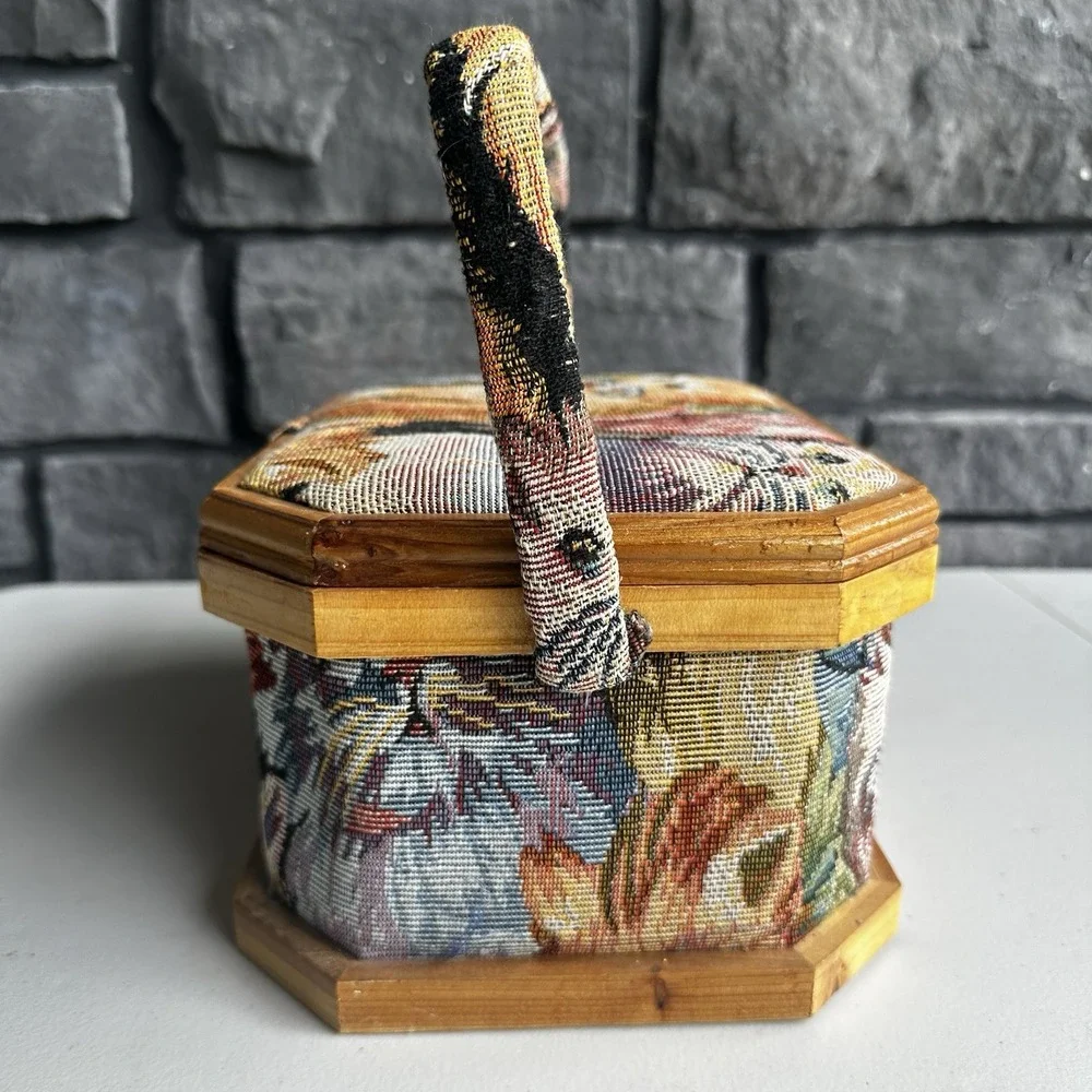 Vintage Cat Tapestry Sewing Basket Wood Frame & Handle Cottage Granny Whimsical